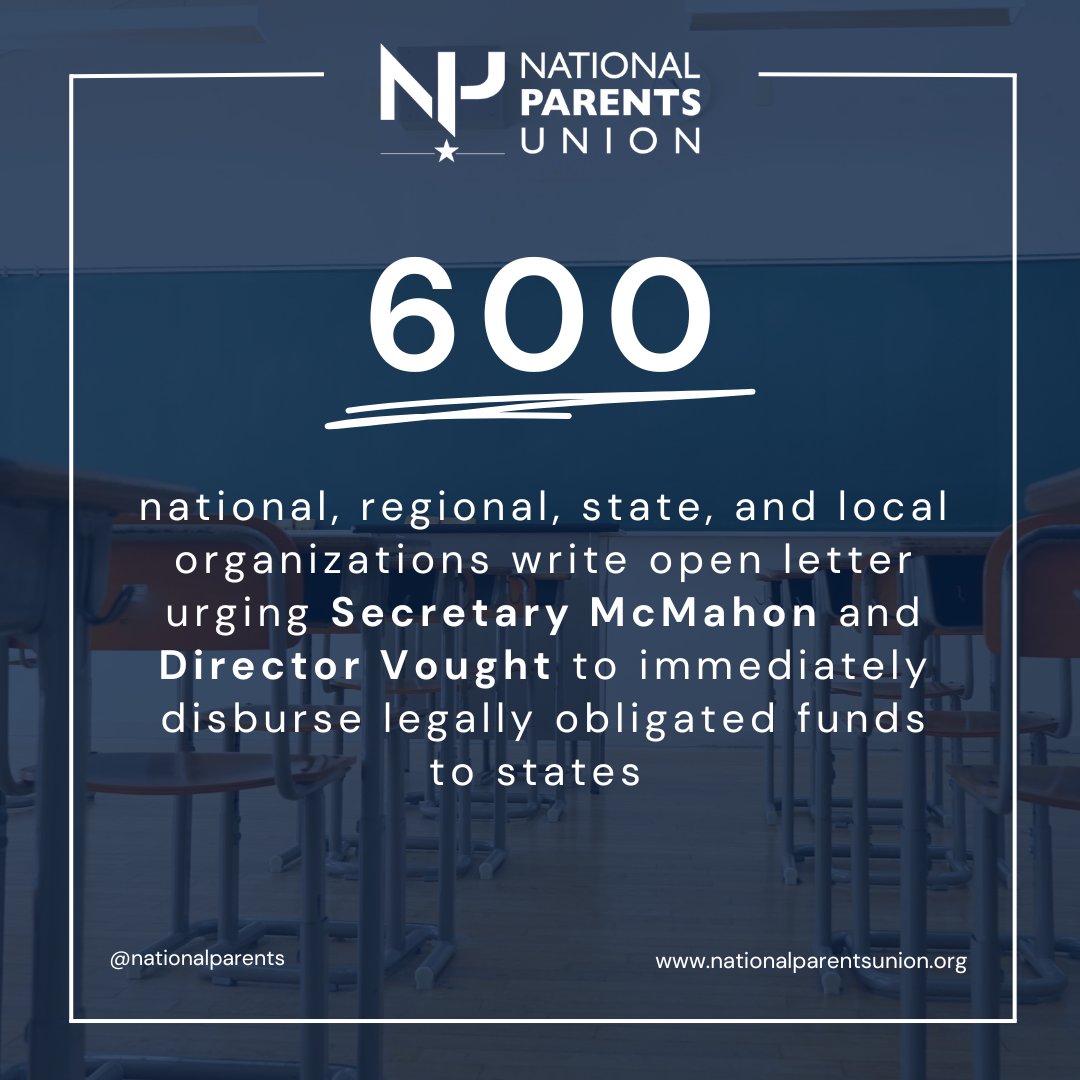 NationalParents's tweet image. 📢 ICYMI: The Trump administration has finally released $1.3 billion in federal education funds—but $5.5 billion is still being held back.
The National Parents Union joined 600 organizations nationwide urging Secretary McMahon and Director Vought to release the funds now.
Our…