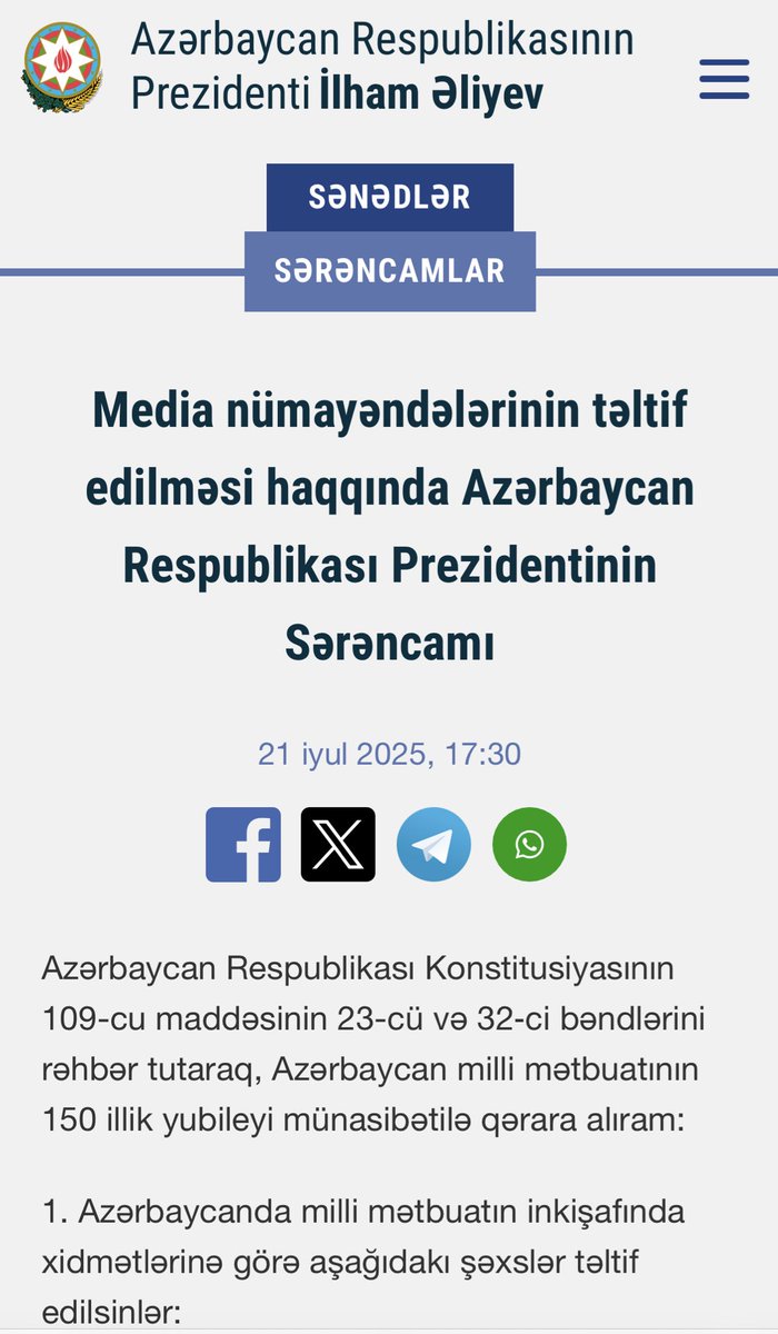Aykhanh's tweet image. Azərbaycan milli mətbuatının 150 illik yubileyi münasibətilə, möhtərəm cənab Prezident tərəfindən milli mətbuatın inkişafında xidmətlərinə görə təltif olunmuş hörmətli media mənsublarını səmimi qəlbdən təbrik edirəm!
Azərbaycan mediasının 150 illik yubileyi kimi mühüm bir…