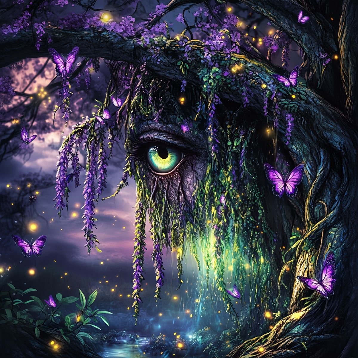 Poemmet's tweet image. The #wisteria clings to the old tree,
from the first hush of time.
Even the elders—now dust
once stood in its shade.
It became the village eye,
never withering.
Its #purpose, unnamed.
#Onyx butterfly circles,
as though summoned
by a #spiritual call
only they could hear.
#vss365