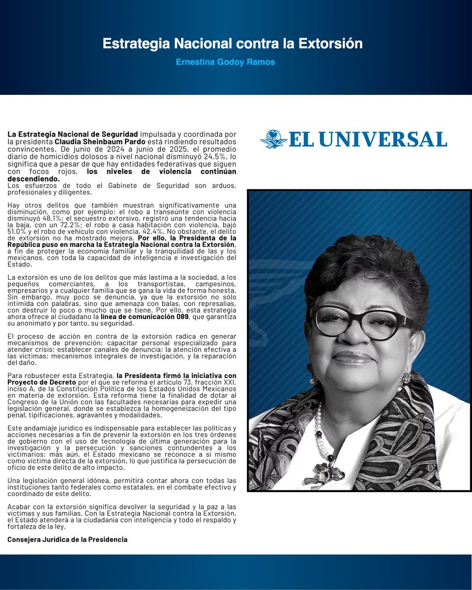 ErnestinaGodoy_'s tweet photo. Dentro de la Estrategia Nacional de Seguridad, se puso énfasis en la lucha contra la extorsión. 
En mi columna de esta semana, explico cómo se ha desarrollado esta estrategia y la forma en que la ciudadanía puede denunciar más rápido y de manera eficaz.
Como cada lunes, la comparto con ustedes. 🔗https://t.co/GcqjtHtSFP