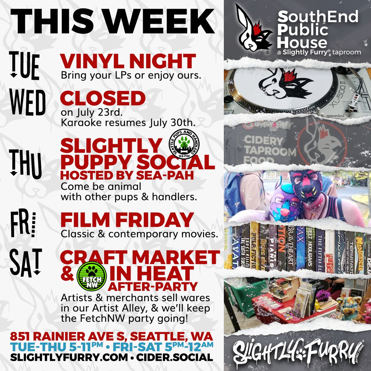 slightlyfurry's tweet image. Let's keep that Hot Rat Summer energy going!
Friendly reminder that we are Closed this Wednesday, and Karaoke resumes on July 30.
#SouthEndPublicHouse #thisweek #weeklyevents #vinylnight #pupnight #filmnight #craftmarket #artmarket #afterparty #cider #Seattle