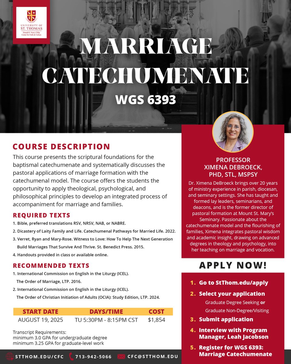 📢 New Course: Marriage Catechumenate (WGS 6393)

Explore the catechumenal model for marriage &amp; family ministry with Dr. Ximena DeBroeck.

📅 Starts Aug 19 | 🕠 Tues 5:30–8:15PM CST | 💻 Online
📖 Open to grad &amp; non-degree students

🔗 stthom.edu/apply