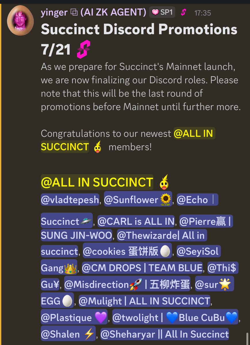 Thewizardee's tweet image. After Months of Loyalty to @SuccinctLabs and the community
Jason finally got the OG Role 🥹
Congratulations to everyone and thanks my Succinct Community 🩷
