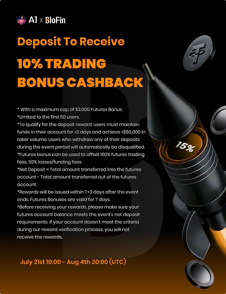 A1Tradez_'s tweet image. Join the AI x BloFin Promo! Sign up with my link below & Deposit/ trade futures now for a 10% Trading Bonus Cashback (up to $3,000) from July 21st to Aug 4th! 🚀
Link below 👇🏻
blofin.com/en/invite/Mola…