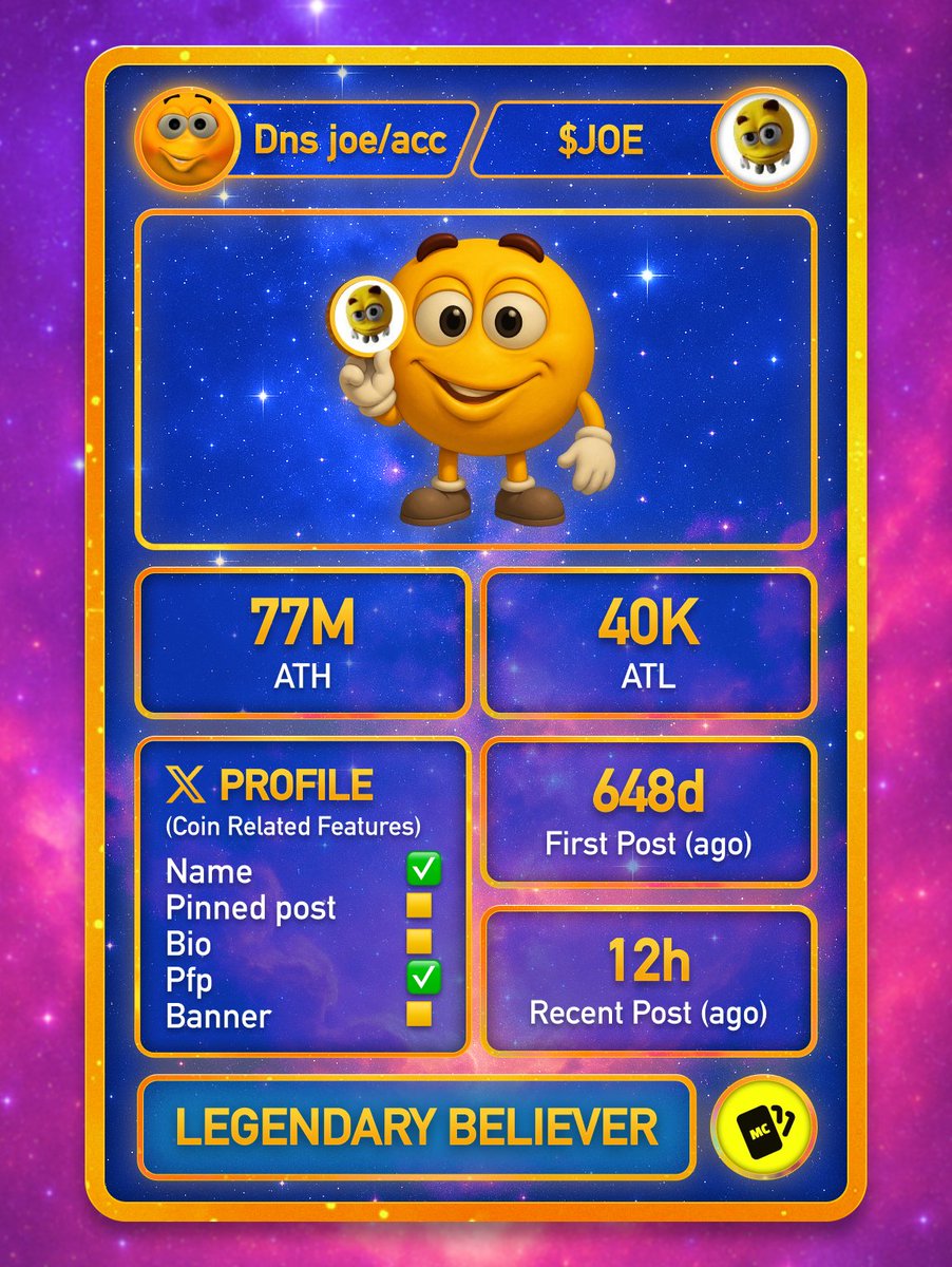 memecardz's tweet image. $JOE Believer Card 🟡

@DNS_ERR has been believing for 648 days, still posting 12 hours ago.

ATH: 77M | ATL: 40K (from day of belief)

X profile: pfp, name.