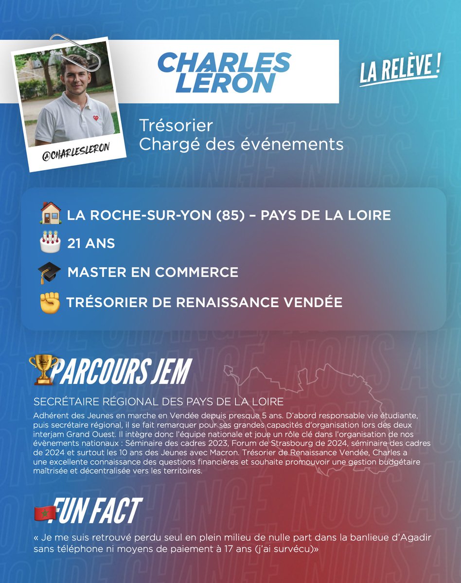 LaReleve2025's tweet image. 🚀 Bienvenue à Charles Léron !
🎤 Futur Trésorier & chargé des événements
📍 La Roche-sur-Yon (85)
🏛️ SR Pays de la Loire, équipe orga nationale, trésorier RE Vendée
🎓 Master en commerce
🧭 Sait s’orienter sans téléphone
Comme Charles, rejoins La Relève ! 🚀