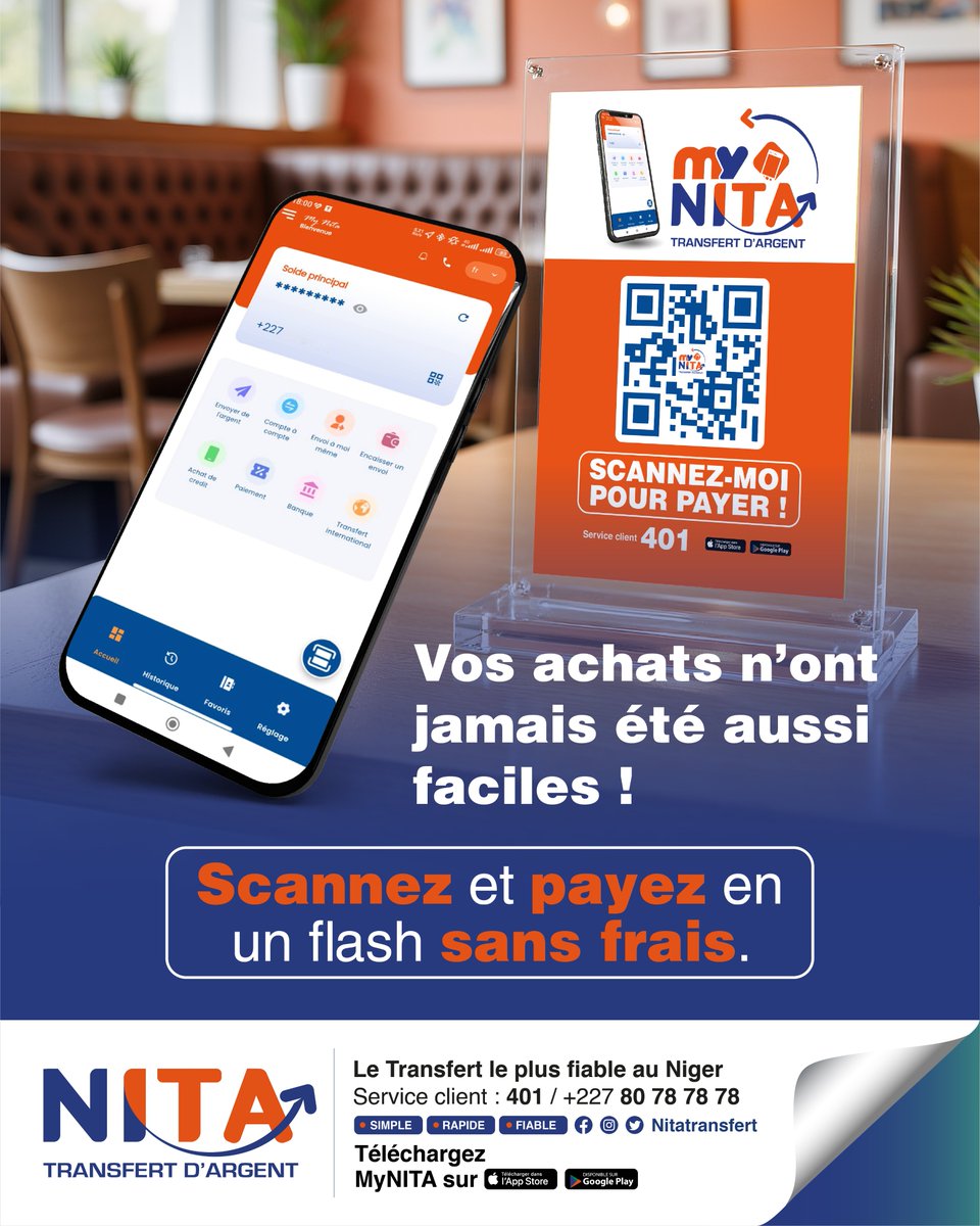 𝐀𝐯𝐞𝐜 𝐌𝐲𝐍𝐈𝐓𝐀, 𝐨𝐟𝐟𝐫𝐞𝐳-𝐯𝐨𝐮𝐬 𝐮𝐧𝐞 𝐥𝐢𝐛𝐞𝐫𝐭é 𝐬𝐚𝐧𝐬 é𝐠𝐚𝐥𝐞 𝐩𝐨𝐮𝐫 𝐭𝐨𝐮𝐬 𝐯𝐨𝐬 𝐚𝐜𝐡𝐚𝐭𝐬🛒

📱la meilleure solution rapide, simple pour payer en toute liberté et sans frais chez vos marchands préférés.

Scannez et payez en un flash sans frais.