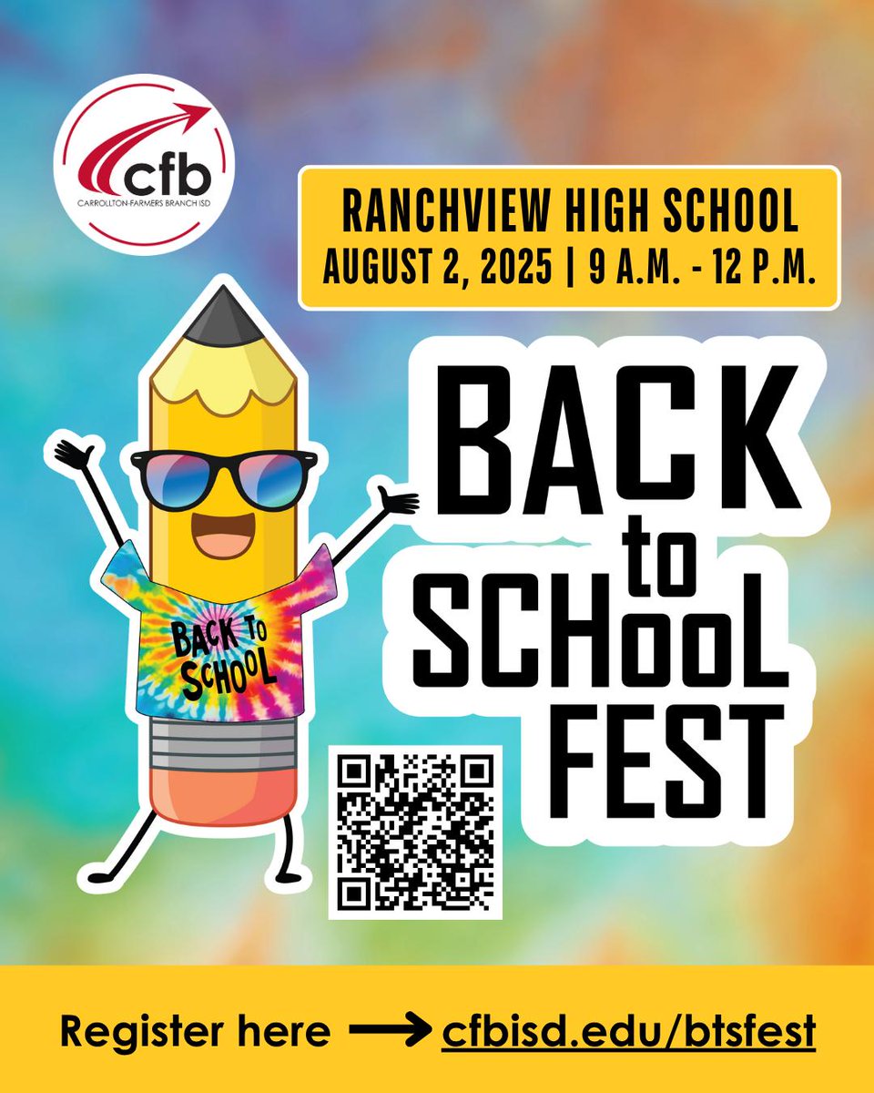 CFBISD's tweet image. Hey CFB families! ❗️ REMINDER ❗️- Today is the LAST day to register for CFBISD's Back to School Fest! Don’t miss out on free backpacks, essential school supplies, fresh haircuts and more! Details:⬇️
⏰️ 9 a.m.-12 p.m.
🗓️ Saturday, August 2
📍 Ranchview High School — 8401 E…