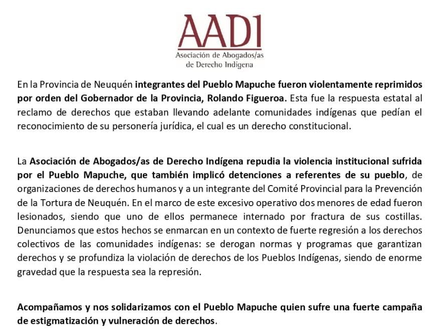 Infoterritorial's tweet image. Comunicado de la Asociación de Abogados/as de Derecho Indígena, ante la represión a integrantes de comunidades #mapuche en #Neuquén