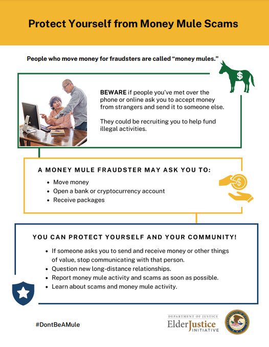 USAO_NV's tweet image. Agreeing to receive money from people you don’t know & forwarding that money is likely fueling fraud & could lead to serious consequences for you.
Learn how to protect yourself ➡️ justice.gov/civil/consumer…
#ElderJustice #DontBeAMule #ConsumerProtection