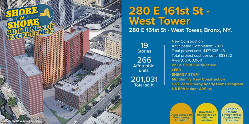 NYSERDA's tweet image. We’re featuring buildings that stand for resilience, sustainability, & smarter design -- ‘Shore to Shore: Buildings of Excellence’!. West Tower is part of the multi-phased project located within a NYS designated disadvantaged community in the Bronx.