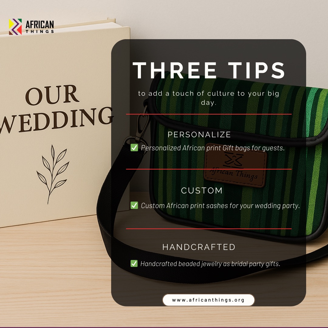 Add a cultural touch to your big day with personalized, custom, and handcrafted wedding gifts! 

💍🎉 From African print gift bags and custom sashes for your bridal party to beautifully crafted beaded jewelry, make your wedding unforgettable with meaningful details.