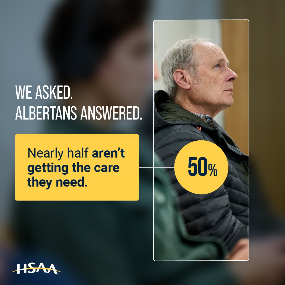 HSAAlberta's tweet image. Nearly one in two Albertans aren’t getting the care they need, when they need it.
While short-staffing strains the system, health care professionals are working tirelessly. It’s time for fair wages and better conditions to retain and recruit the staff Albertans need. #abhealth