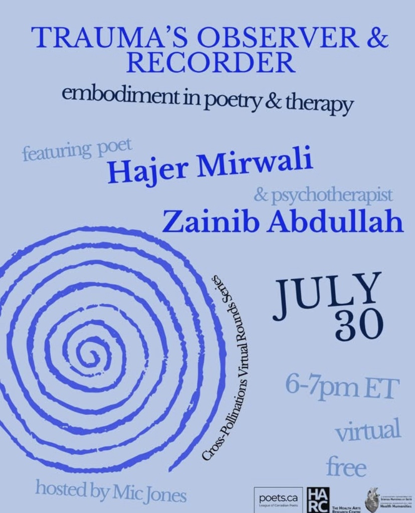 Talonbooks's tweet image. On July 30, join Hajer Mirwali, author of Revolutions, alongside psychotherapist Zainib Abdullah for Cross-Pollinations, a free online event! The duo will look at the impacts of observing and recording trauma. For more details and to register, click here: poets.ca/cross-pollinat…