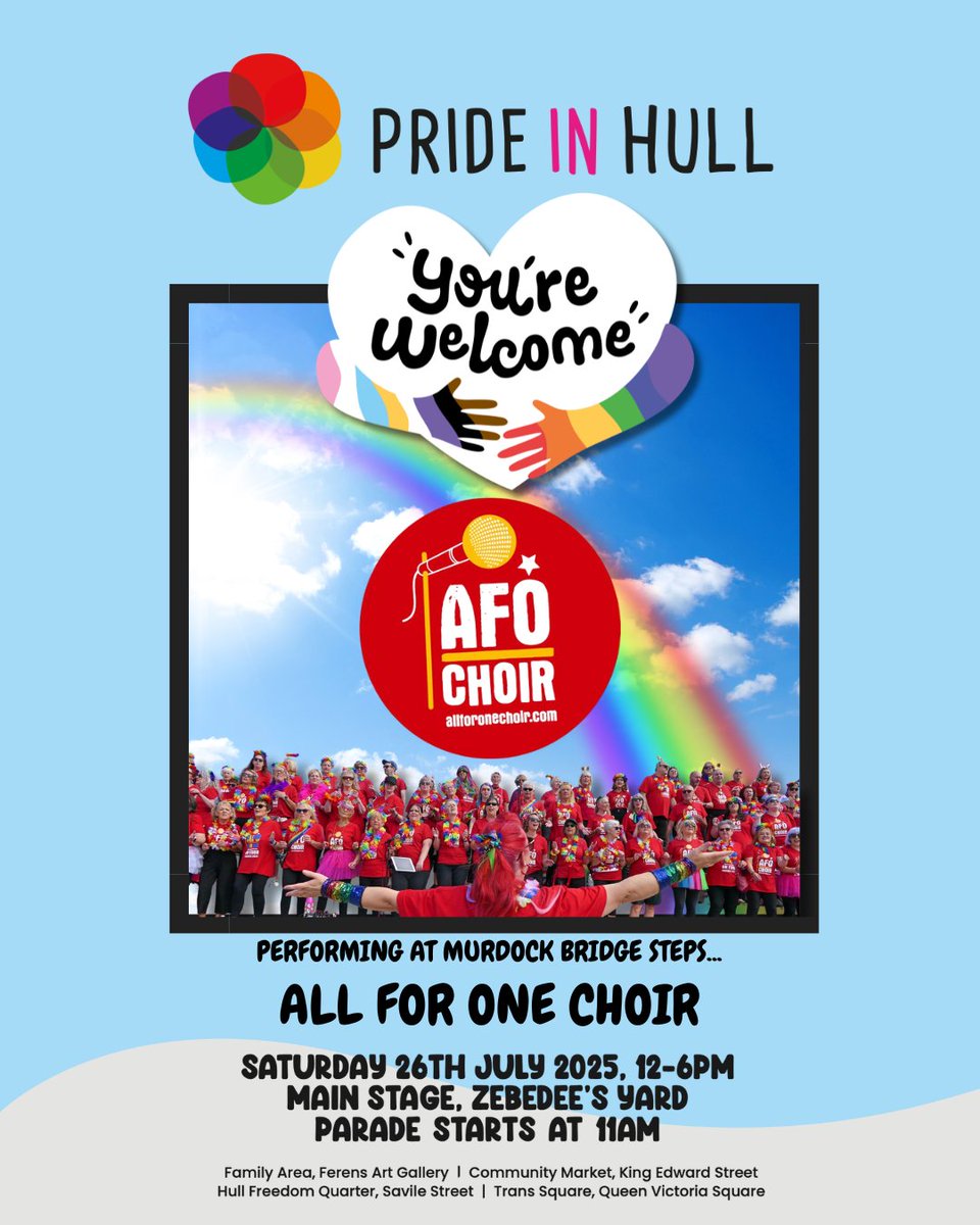 prideinhull's tweet image. 🎶🌈 Get ready for the All for One Choir at #PrideInHull! 🙌 They'll be uplifting spirits from the Murdock Bridge steps during the parade! Marching or cheering, get ready for a feel-good soundtrack! 🎤💫 @AFOChoir