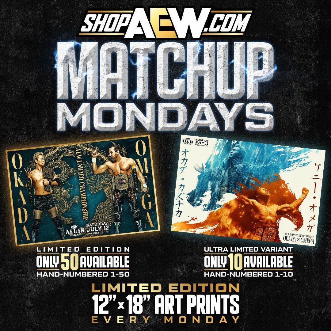ShopAEW's tweet image. It's Matchup Monday!
Don't miss out on these extremely limited-edition, hand-numbered @rainmakerxokada vs. @kennyomegamanx at #AEWAllInTexas art prints at ShopAEW.com right now!