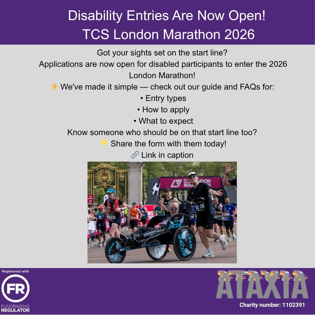 Ataxia UK (@ataxiauk) on Twitter photo TCS London Marathon 2026 – Disability Ballot Open! 🏃♂️ Ready for the challenge? Email fundraising@ataxia.org.uk to secure your spot and support Ataxia UK! 💙 #LondonMarathon2026 #TeamAtaxia #DisabilitySport #AtaxiaUK TCS London Marathon 2026 – Disability Ballot Open! 🏃♂️ Ready for the challenge? Email fundraising@ataxia.org.uk to secure your spot and support Ataxia UK! 💙 #LondonMarathon2026 #TeamAtaxia #DisabilitySport #AtaxiaUK