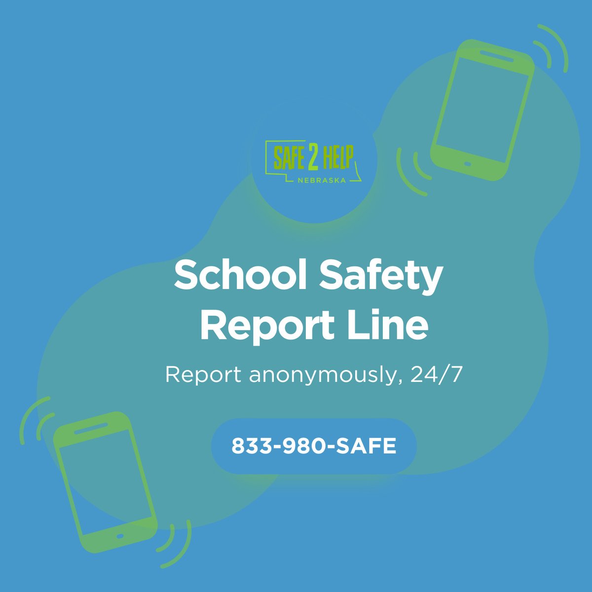 When you report, you receive support. Keep you, your friends, and your school safe from any concerns.

Use Safe2Help to report threats, bullying, abuse and violence, crime and more by downloading our app or calling 833-980-SAFE (7233).