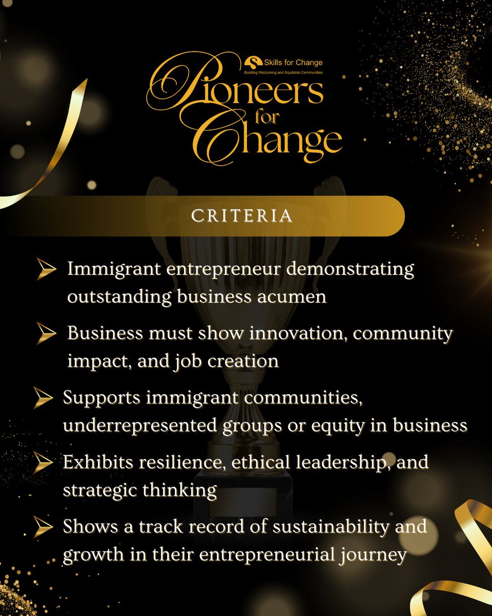 Know an immigrant entrepreneur driving innovation &amp; inclusion? 🌟
Nominate them for the 2025 Pioneers for Change Gala!

📅 Gala Date: Oct 23 | Nominations close: Sept 15
🔗 Submit: ow.ly/Q34250WruGI

#PioneersForChange #NominateNow #EntrepreneurshipAward #Changemakers2025
