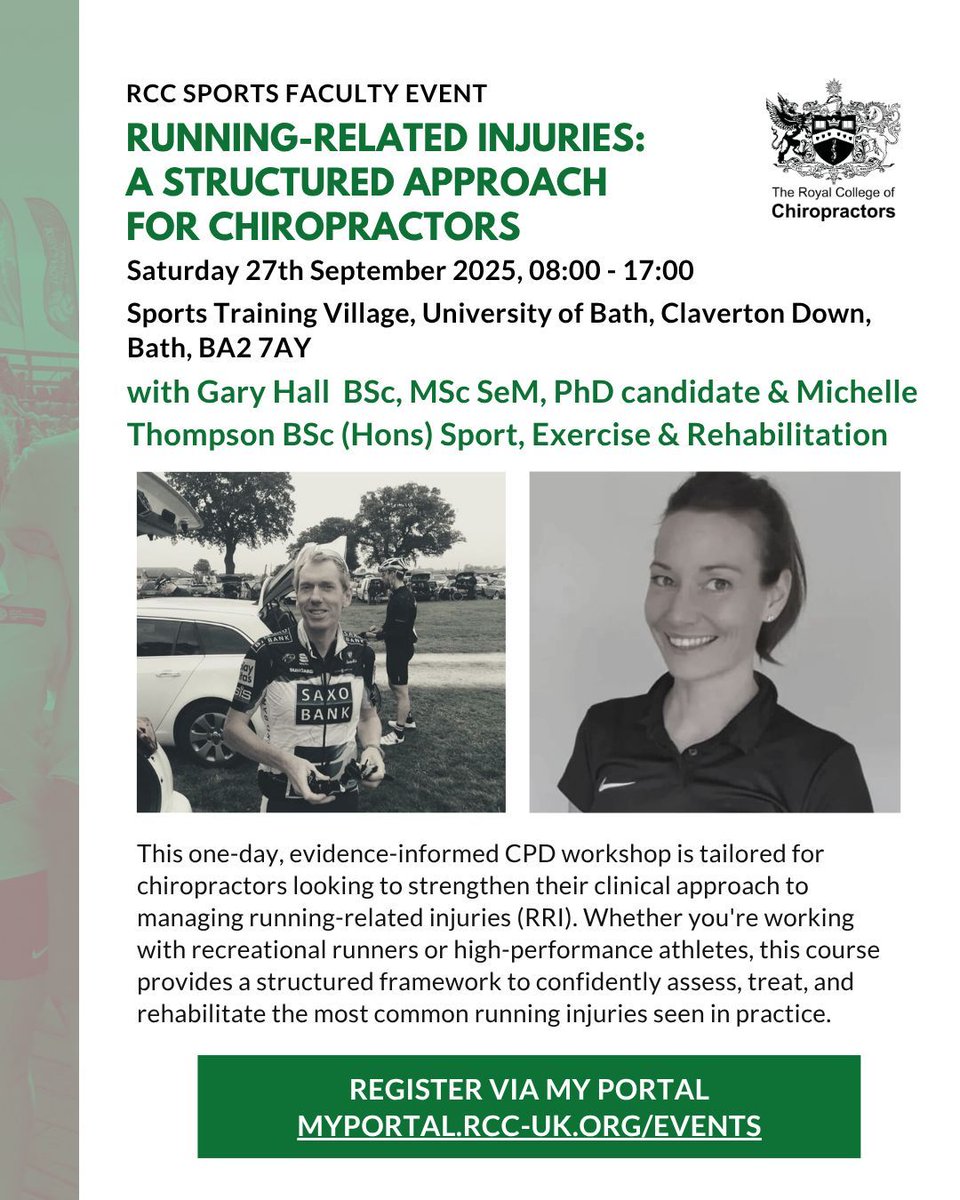 New Sports Faculty event this September: Running-Related Injuries: A Structured Approach for Chiropractors, with Gary Hall BSc, MSc SeM, PhD candidate and Michelle Thompson BSc (Hons) Sport, Exercise &amp; Rehabilitation.

Book online -&gt; myportal.rcc-uk.org/events 

See you there! ✨