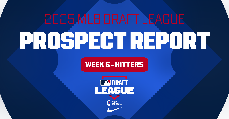 mlbdraftleague's tweet photo. 𝗗𝗿𝗮𝗳𝘁 𝗟𝗲𝗮𝗴𝘂𝗲 𝗣𝗿𝗼𝘀𝗽𝗲𝗰𝘁 𝗥𝗲𝗽𝗼𝗿𝘁: 𝗪𝗲𝗲𝗸 𝟲 𝗛𝗶𝘁𝘁𝗲𝗿𝘀 ✍️

The second half of the MLB Draft League kicked off on Wednesday, July 16 featuring hitters that are making their case to be signed post-draft in the latest Prospect Report from @DSeifertD1PBR.