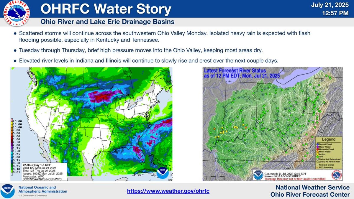 Thunderstorms in the southwestern Ohio River Valley bring a threat for localized heavy rain and flash flooding today, especially in Kentucky and Tennessee. Tuesday through Thursday, brief high pressure moves into the region, keeping most areas dry.