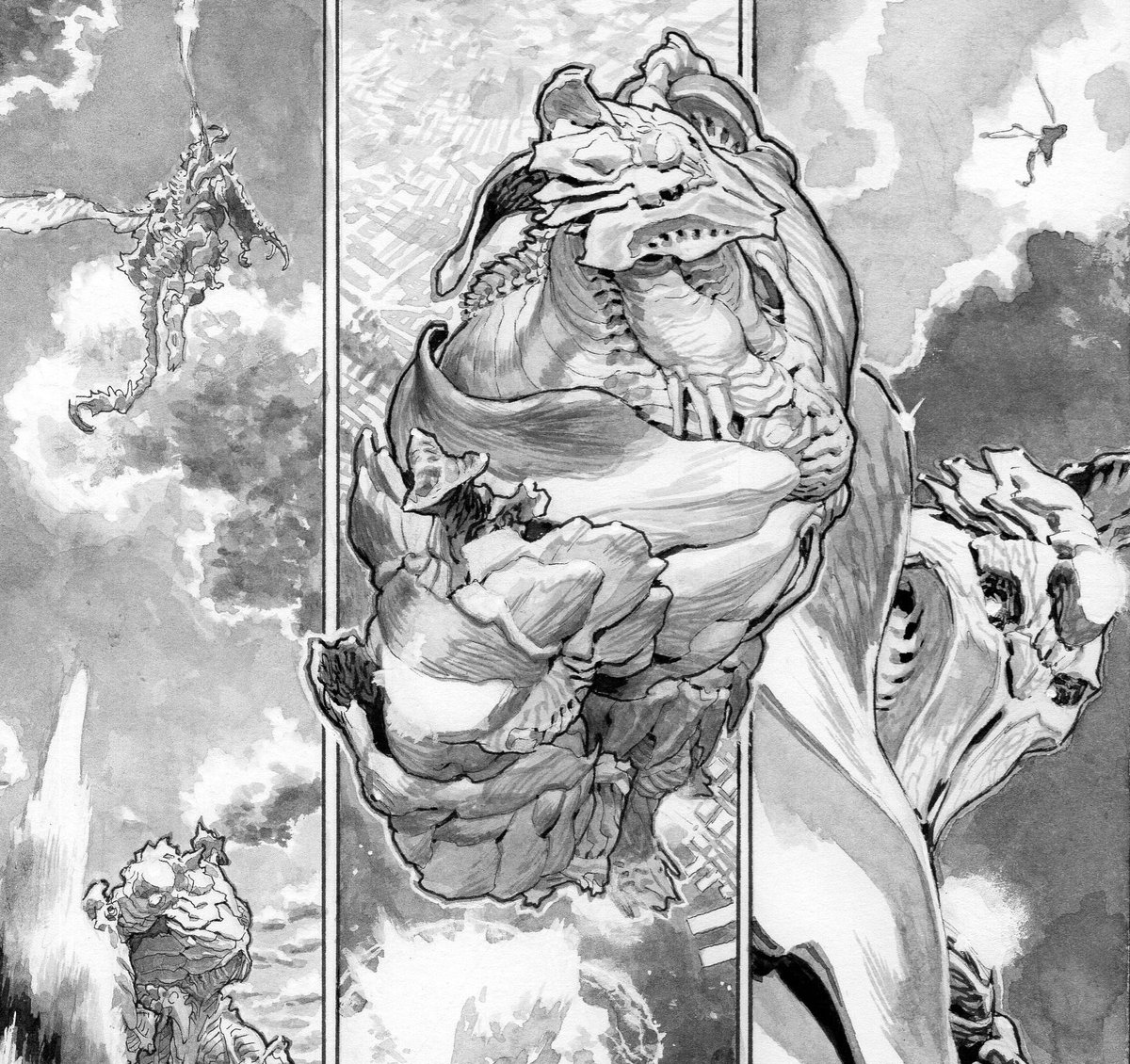 lewislarosa's tweet image. Sneak peeks at Megalith as I inch over the finish line, just a few pages to go then catching up on commissions. Probably my last long form interiors, my spine can’t take it. Trying to make it worth everyone’s wait, thanks for your patience. Ink on board. Written by @mattkindt