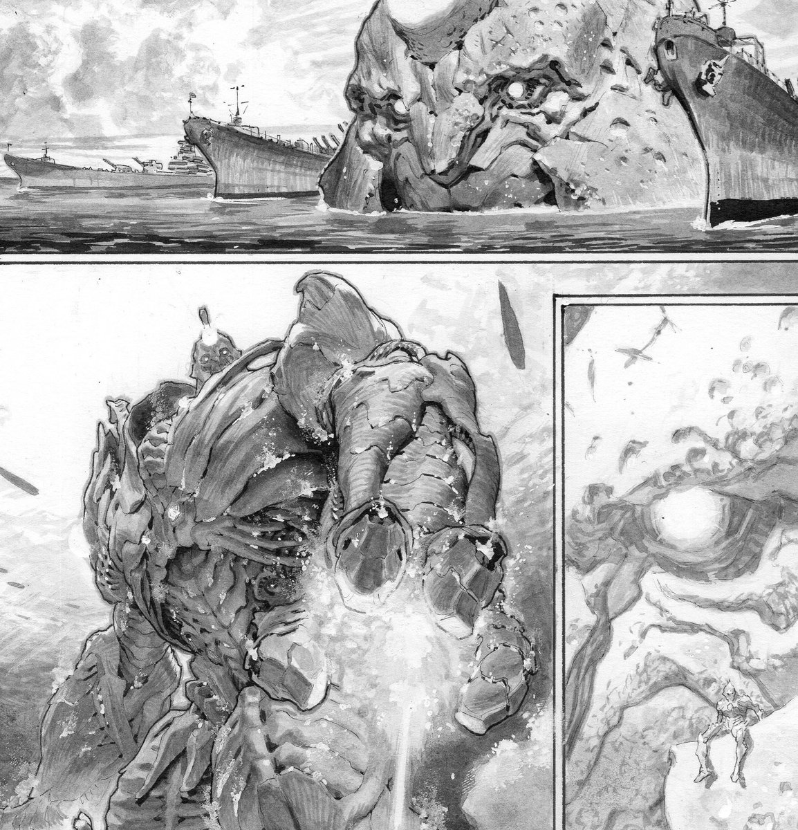 lewislarosa's tweet image. Sneak peeks at Megalith as I inch over the finish line, just a few pages to go then catching up on commissions. Probably my last long form interiors, my spine can’t take it. Trying to make it worth everyone’s wait, thanks for your patience. Ink on board. Written by @mattkindt