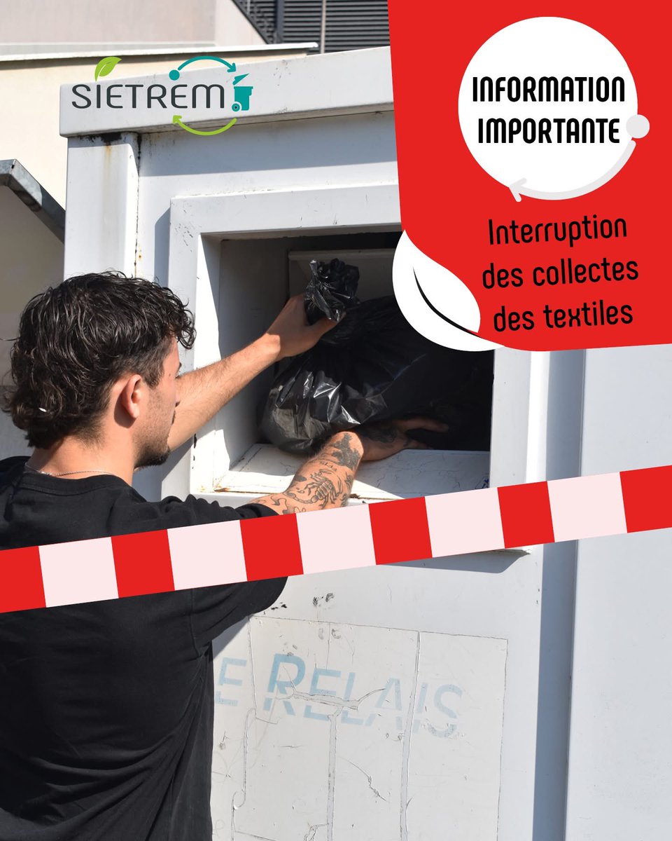 ⚠️#déchetterie : suspension de la collecte des textiles 👕

Le Relais, entreprise d’insertion en charge de la collecte et du traitement des textiles usagés, suspend ses activités.

Les bornes de textiles ne sont plus donc collectées. 

+ d’infos ➡️ sietrem.fr/suspension-de-…