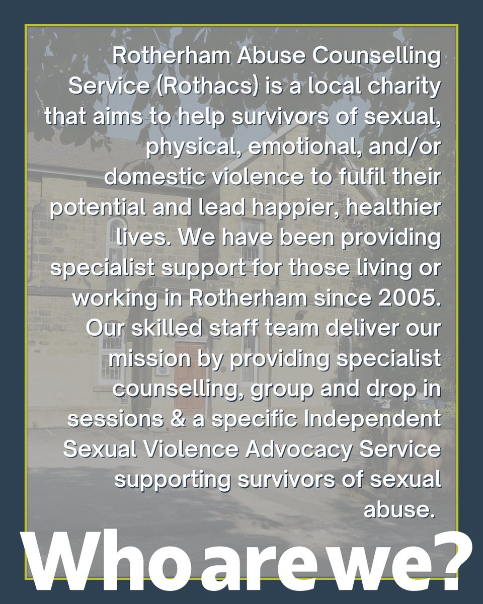 Rothacs38's tweet image. We are a local charity that aims to help survivors of sexual, physical or emotional abuse and domestic violence to fulfil their potential and lead happier, healthier lives.
If you would like to learn more about our service, please visit rothacs.org.uk