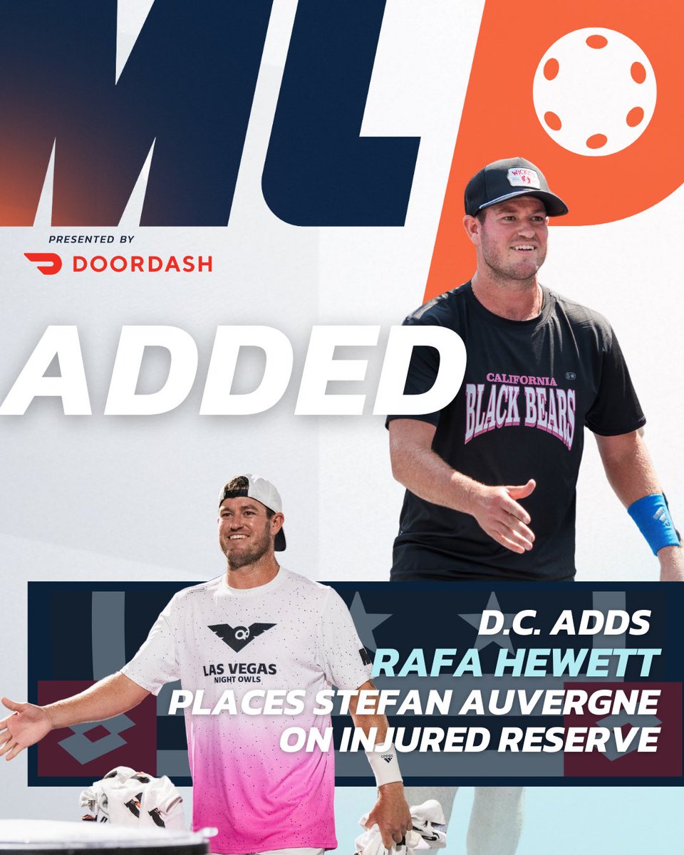 MajorLeaguePB's tweet image. π¨ADDEDπ¨
β’ The @DCPickleBall Team adds @RafaHewettPB β
and places Auvergne on Injured Reserve π€