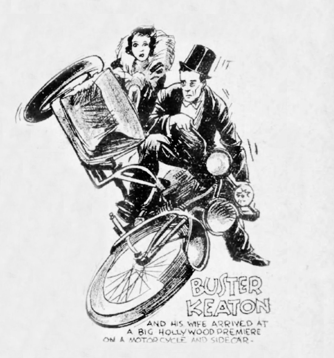 BusterKeatonSoc's tweet image. This Day in Buster...July 21, 1934
The Tribune prints this illustration of Buster Keaton and his then wife, Mae Scriven. "Buster Keaton and his wife at a big Hollywood premier on a motorcycle and sidecar." The premier was for King Kong the previous year.
#oldhollywood