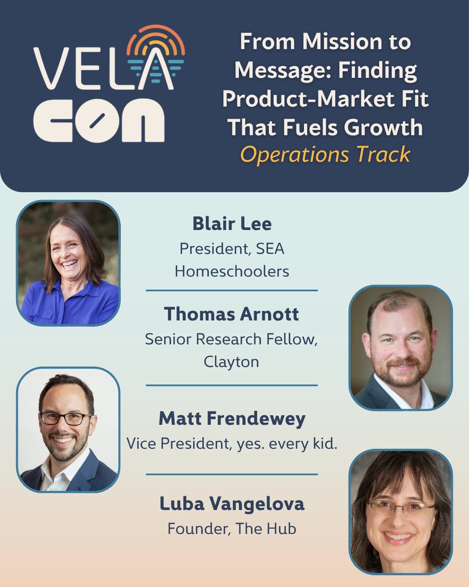 VELAorg's tweet image. ✨ VELA Con programming showcase | Operations track: “From Mission to Message: Finding Product-Market Fit That Fuels Growth” featuring Blair Lee, Thomas Arnett, Matt Frendewey, and Luba Vangelova.
---
The most successful entrepreneurs know their target audience, and they build…
