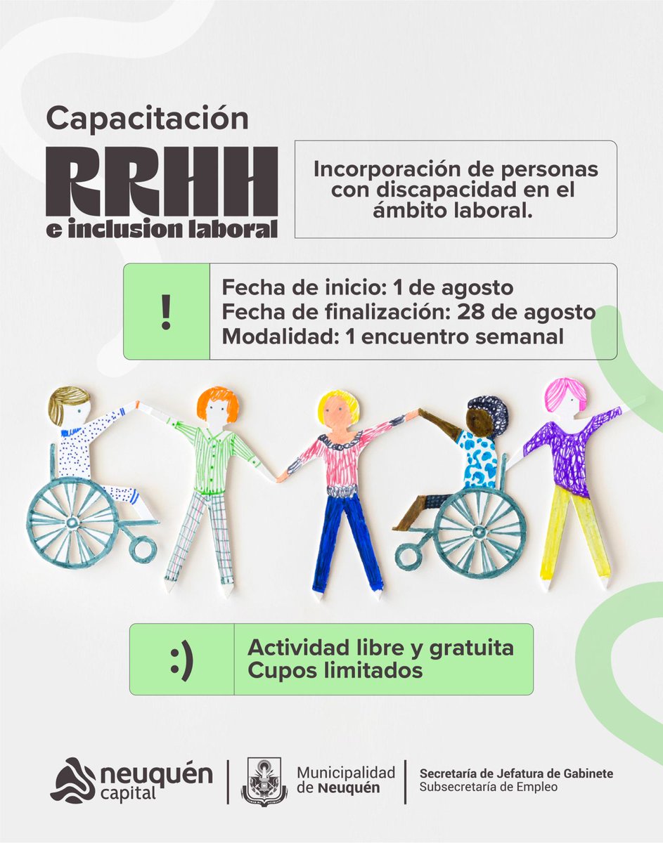 En agosto comienza la capacitación diseñada para promover la incorporación de personas con discapacidad en el ámbito laboral.
• Destinado a: Estudiantes y profesionales del área de RRHH.
>>Inicio: 1 de agosto 
>> Duración: 1 mes
link de inscripción: forms.gle/pmUTv8ZwvJe3uR…
