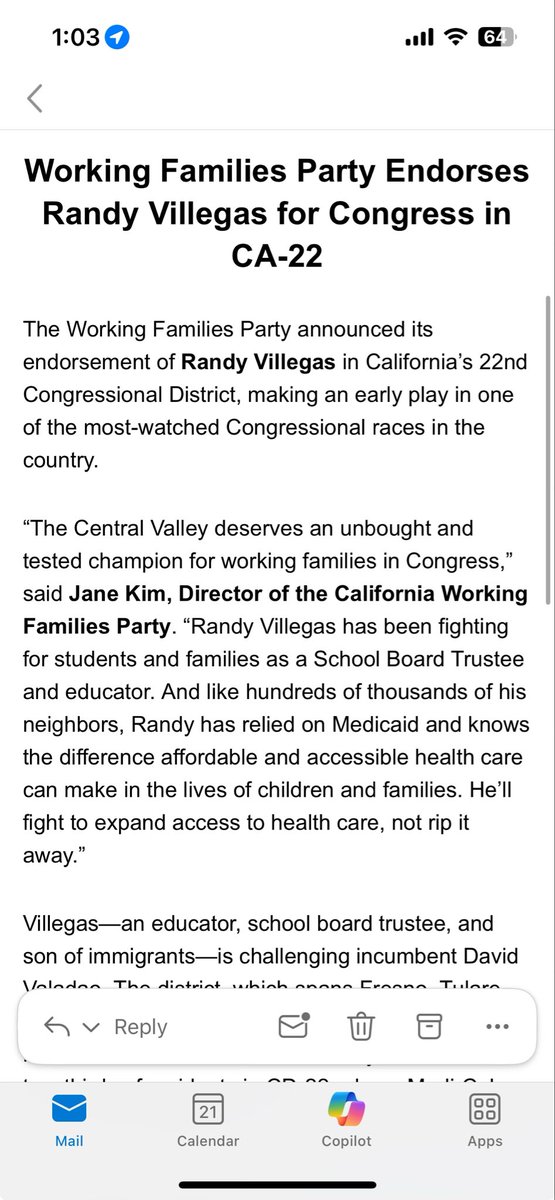 nicholaswu12's tweet image. Some battle lines being drawn in #CA22 -> Working Families Party endorsing Randy Villegas not long after Reps. Adam Gray, Rivas, Chu, Friedman, Min, Brownley, Norma Torres endorse Jasmeet Bains