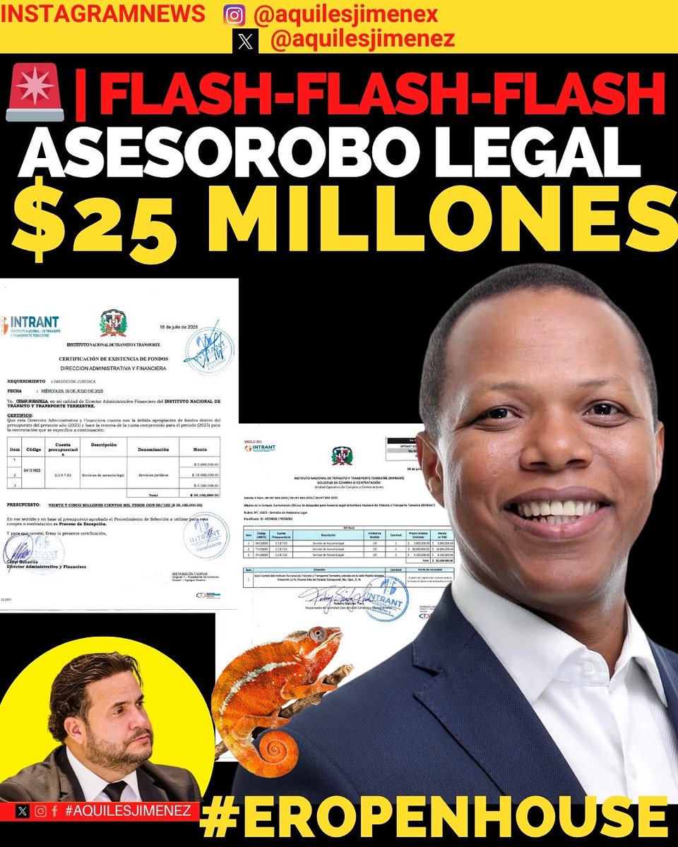 Aquiles Jimenez (@aquilesjimenez) on Twitter photo ¿Millones en abogados para fines personales?
Mientras el transporte colapsa, el @intrant_rd <a href="/MiltonMorrison/">Milton Morrison</a> INTRANT gasta más de RD$25 millones en asesorías legales externas… ¿para qué?
Todo por “contratación por excepción”.
Sin licitación.
Sin explicación clara.
¿Están ¿Millones en abogados para fines personales?
Mientras el transporte colapsa, el @intrant_rd <a href="/MiltonMorrison/">Milton Morrison</a> INTRANT gasta más de RD$25 millones en asesorías legales externas… ¿para qué?
Todo por “contratación por excepción”.
Sin licitación.
Sin explicación clara.
¿Están