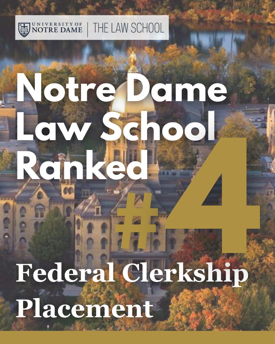 Notre Dame Law School (@ndlaw) on Twitter photo 🧵 1/ For the third year in a row, Notre Dame Law School ranked fourth in the nation for placing graduates in federal judicial clerkships — per U.S. News and World Report and ABA data. 🧵 1/ For the third year in a row, Notre Dame Law School ranked fourth in the nation for placing graduates in federal judicial clerkships — per U.S. News and World Report and ABA data.