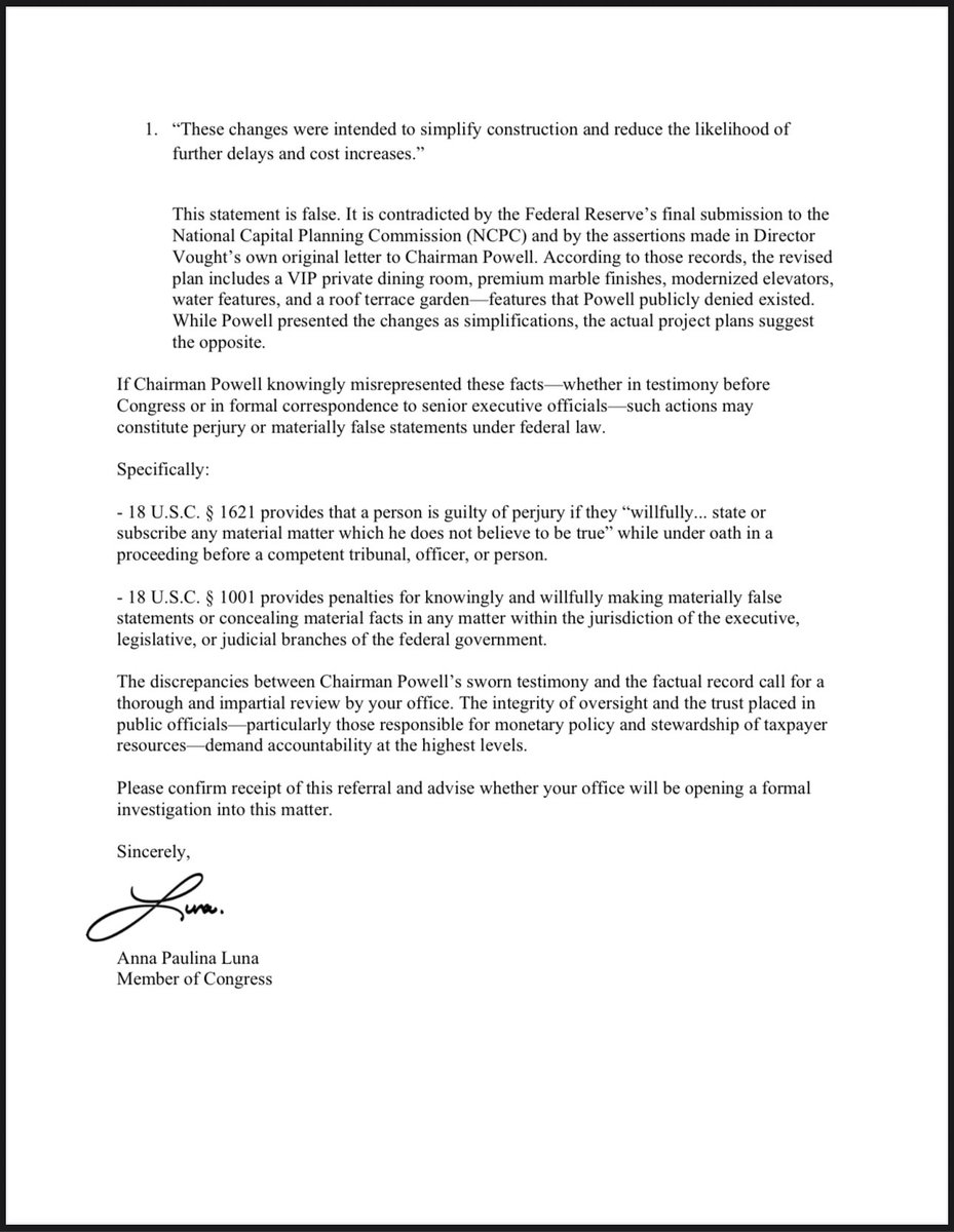 🚨 JUST IN: Jerome Powell referred to Dept. of Justice for criminal investigation, for lying under oath