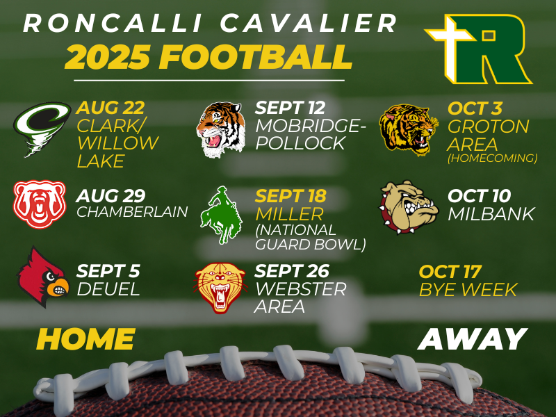 We had a couple of changes to our original 2025 schedule - here it is, updated! Let's GOOOO Cavs!
<a href="/Roncalli_FB/">RHS_Cav_Football</a>