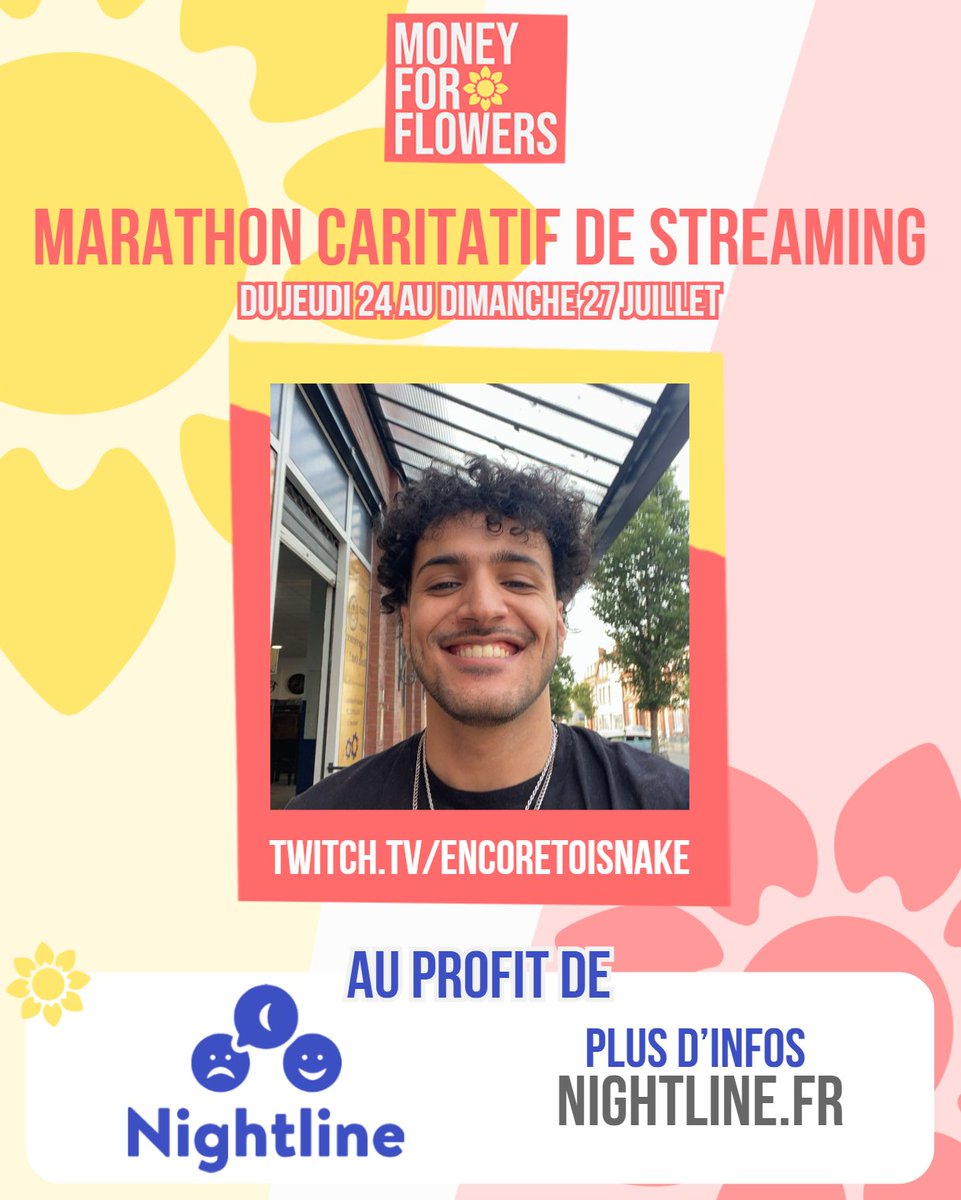 MARATHON CARITATIF 🚨

Je participerai du 24 au 27 au marathon caritatif <a href="/MoneyForFlowers/">Money for Flowers 🌼</a> pour récolter un maximum de dons pour <a href="/NightlineFrance/">Nightline France (Compte gelé)</a>, une association qui oeuvre pour la santé mentale des étudiants et des jeunes

J'envoie mes donations goals demain !