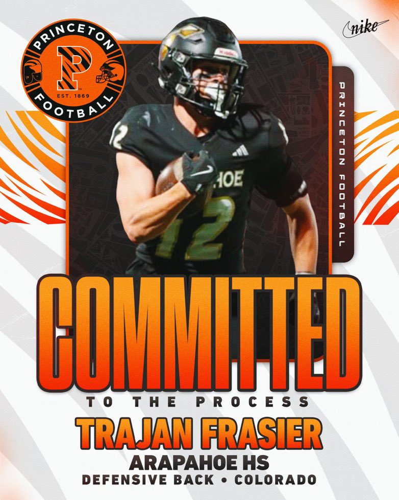 Blessed to announce my commitment to the admissions process at Princeton University!  Big thanks to all my family and coaches who supported me! Thanks to <a href="/CoachBobSurace/">Bob Surace '90</a> and <a href="/CoachRosenbaum/">Mark Rosenbaum</a> for this opportunity! 
<a href="/PrincetonFTBL/">Princeton Football</a> <a href="/Arapahoe_FB/">Arapahoe High School Football</a> <a href="/BrandonHuffman/">Brandon Huffman</a> <a href="/247Sports/">247Sports</a>