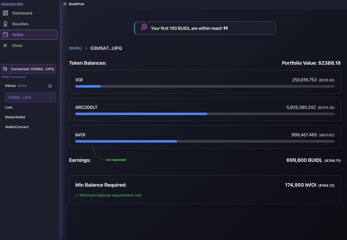 Just revisited BuidlHub. It’s not just your VOI, LP, and bVOI—it also tracks your earnings and how much more you need to stay eligible. Handy ; )