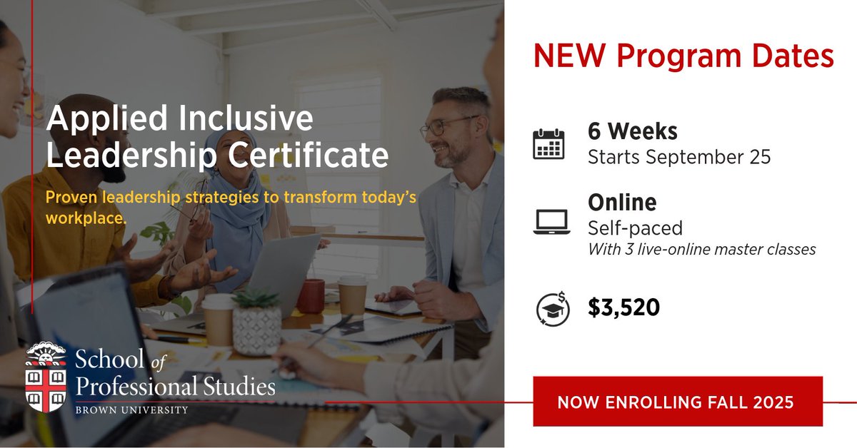 Brown University School of Professional Studies (@brown_sps) on Twitter photo 🆕 🗓️ New Fall 2025 program dates!
Join the next cohort of <a href="/BrownUniversity/">Brown University</a>'s Certificate in Applied Inclusive Leadership with Professor of the Practice, Jarvis Sam.
Register today: professional.brown.edu/certificate/ap… 🆕 🗓️ New Fall 2025 program dates!
Join the next cohort of <a href="/BrownUniversity/">Brown University</a>'s Certificate in Applied Inclusive Leadership with Professor of the Practice, Jarvis Sam.
Register today: professional.brown.edu/certificate/ap…