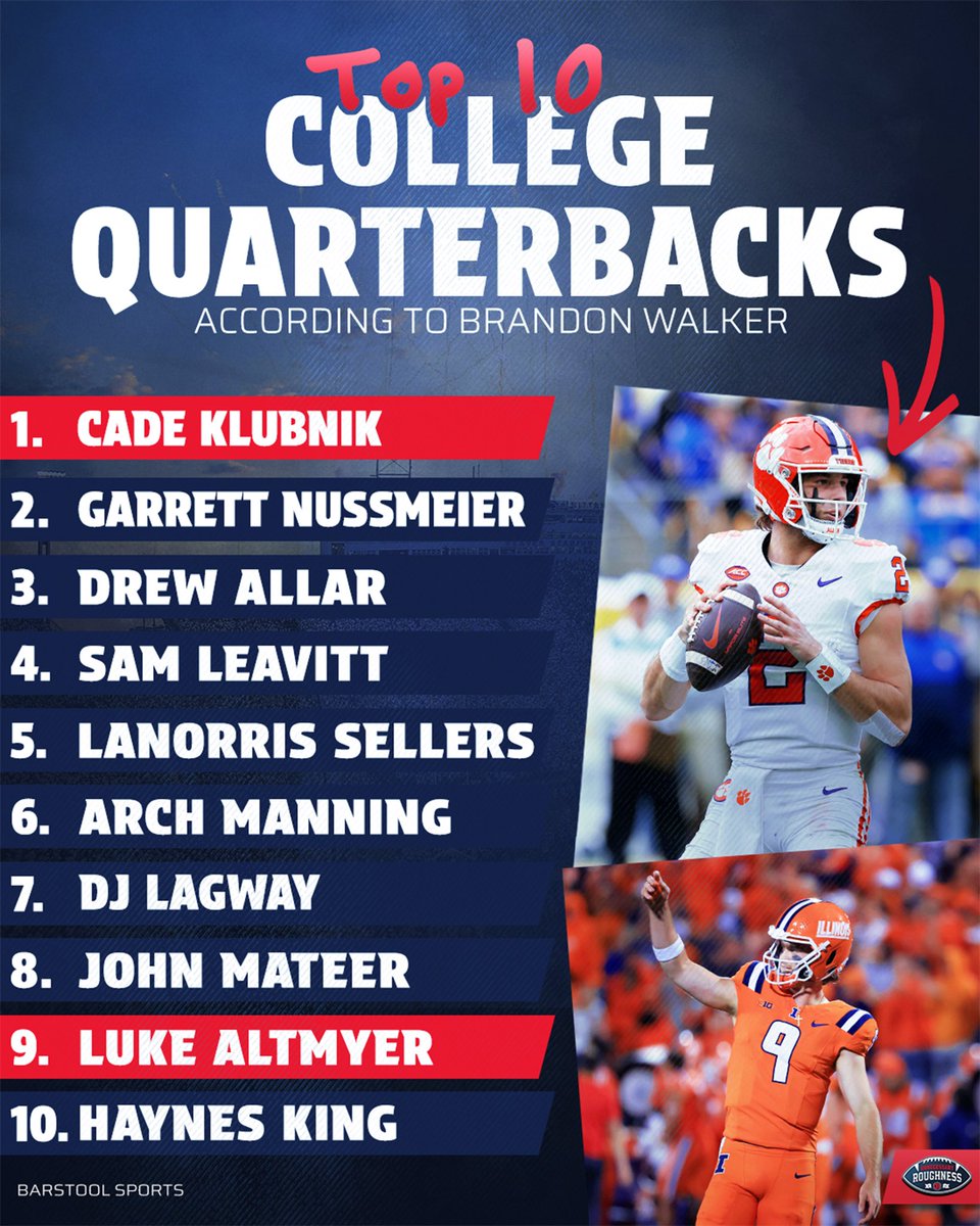UnnecRoughness's tweet image. College Football’s No. 1 Personality @BFW lets you know his Top 10 QBs in the country