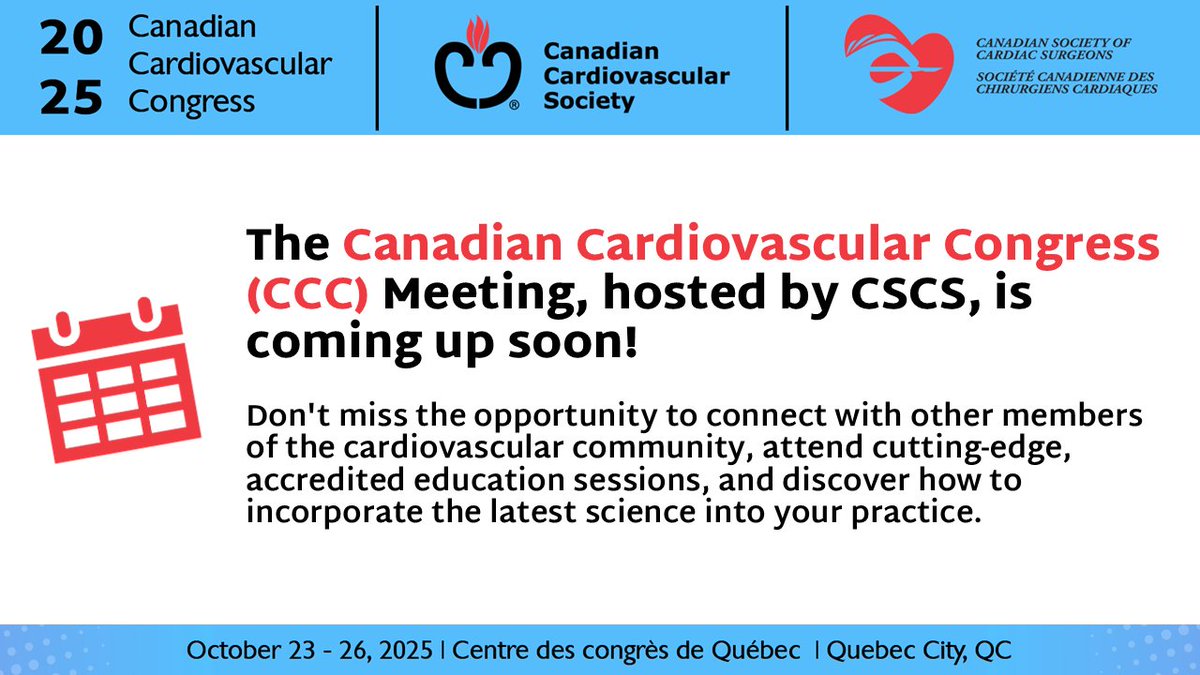 cscs_sccc's tweet image. We can’t wait to welcome you to the Canadian Cardiovascular Congress 2025! In just one day, cardiovascular specialists from across Canada and the globe come together in Quebec City, QC. If you haven’t registered yet, do it now at ccc2025.eventscribe.net.
@cscs_sccc #CCC25