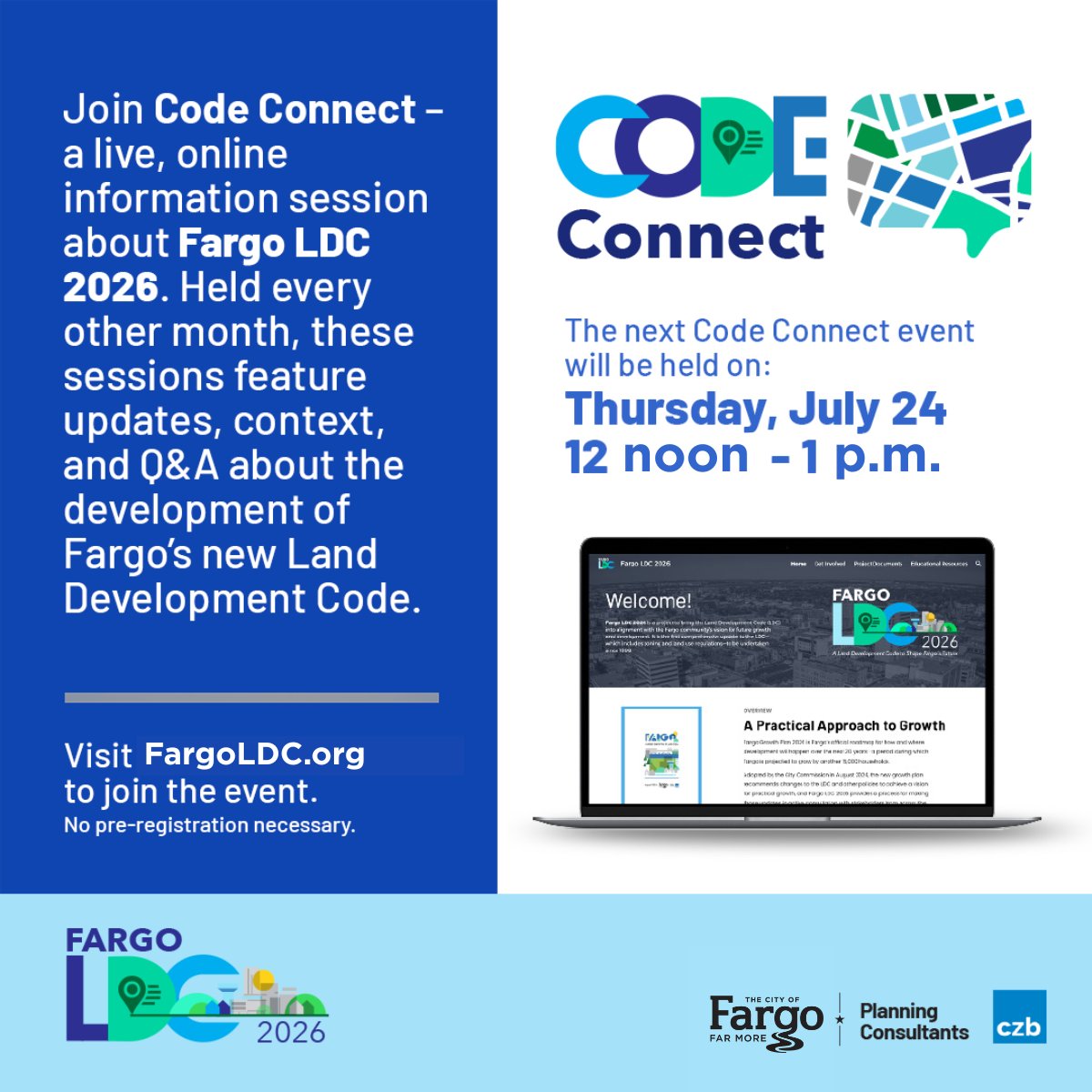 thecityoffargo's tweet image. We encourage you to make an impact on the future of #Fargo! Join the upcoming #CodeConnect information session online and ask your questions about the future Fargo Land Development Code.
📅 Thursday, July 24
🕛 12 noon - 1 p.m.
To join the event, visit FargoLDC.org