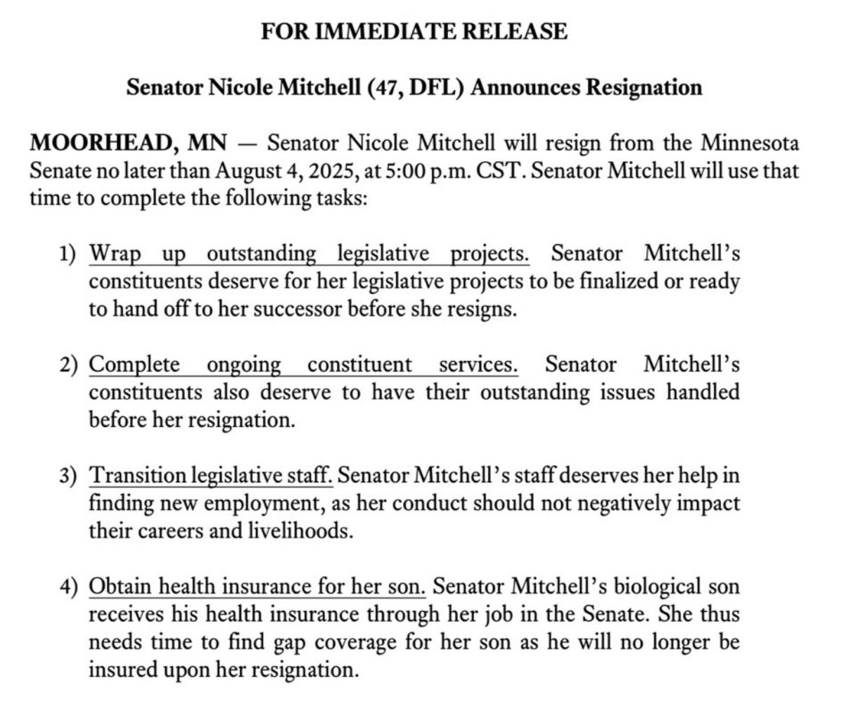 MarcTwinCities's tweet image. Senator Nicole Mitchell announces her resignation from Senate no later than August 4th