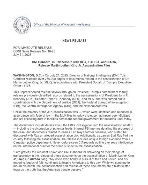 Liberacrat's tweet image. BREAKING: The Director of National Intelligence, Tulsi Gabbard, has just announced the release of over 230,000 pages of the MLK Jr. assassination files.