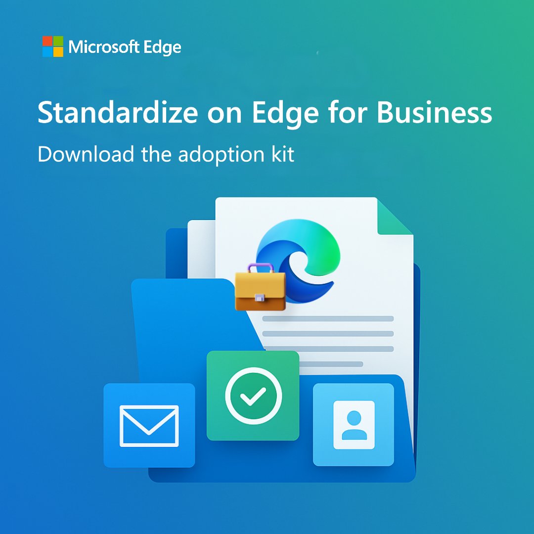 MSEdgeDev's tweet image. Thinking about standardizing your org on Microsoft Edge for Business?
Check out the brand new adoption kit! Packed with tip sheets, educational videos, a training guide, and more to help drive awareness and rollout success.
Download here: aka.ms/EdgeforBusines…