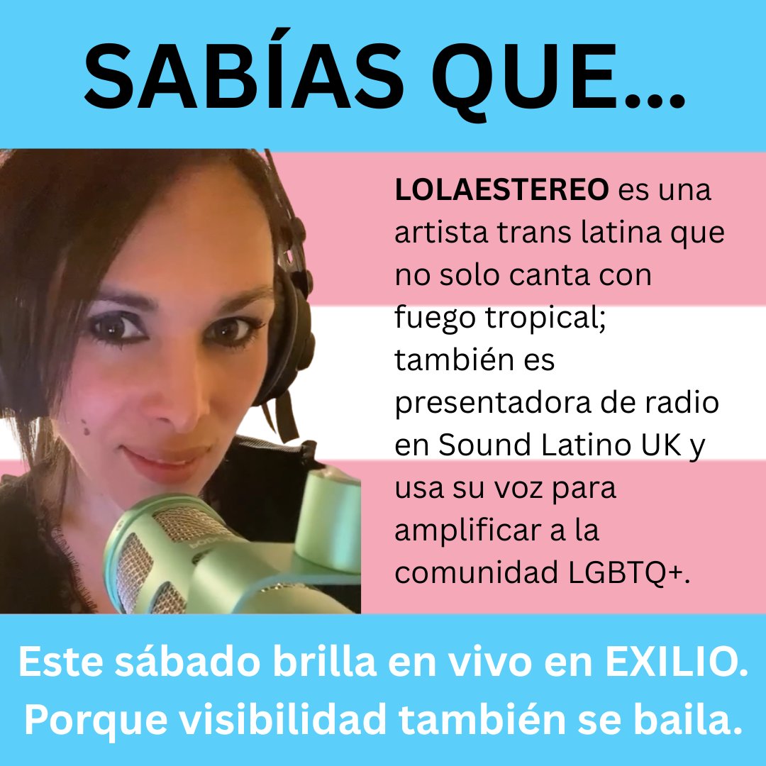 🎤 LolaEstereo no solo canta con fuego tropical —
también amplifica la voz trans en la radio latina del Reino Unido.
Este sábado 26 en EXILIO:
🏳️‍⚧️ Trans Pride Edition
📍<a href="/zodiacbarlondon/">Zodiac Bar</a> | 10PM
🎟️ exilio.co.uk

#ExilioLatinx #londontranspride #LolaEstereo #ChosenFamilia